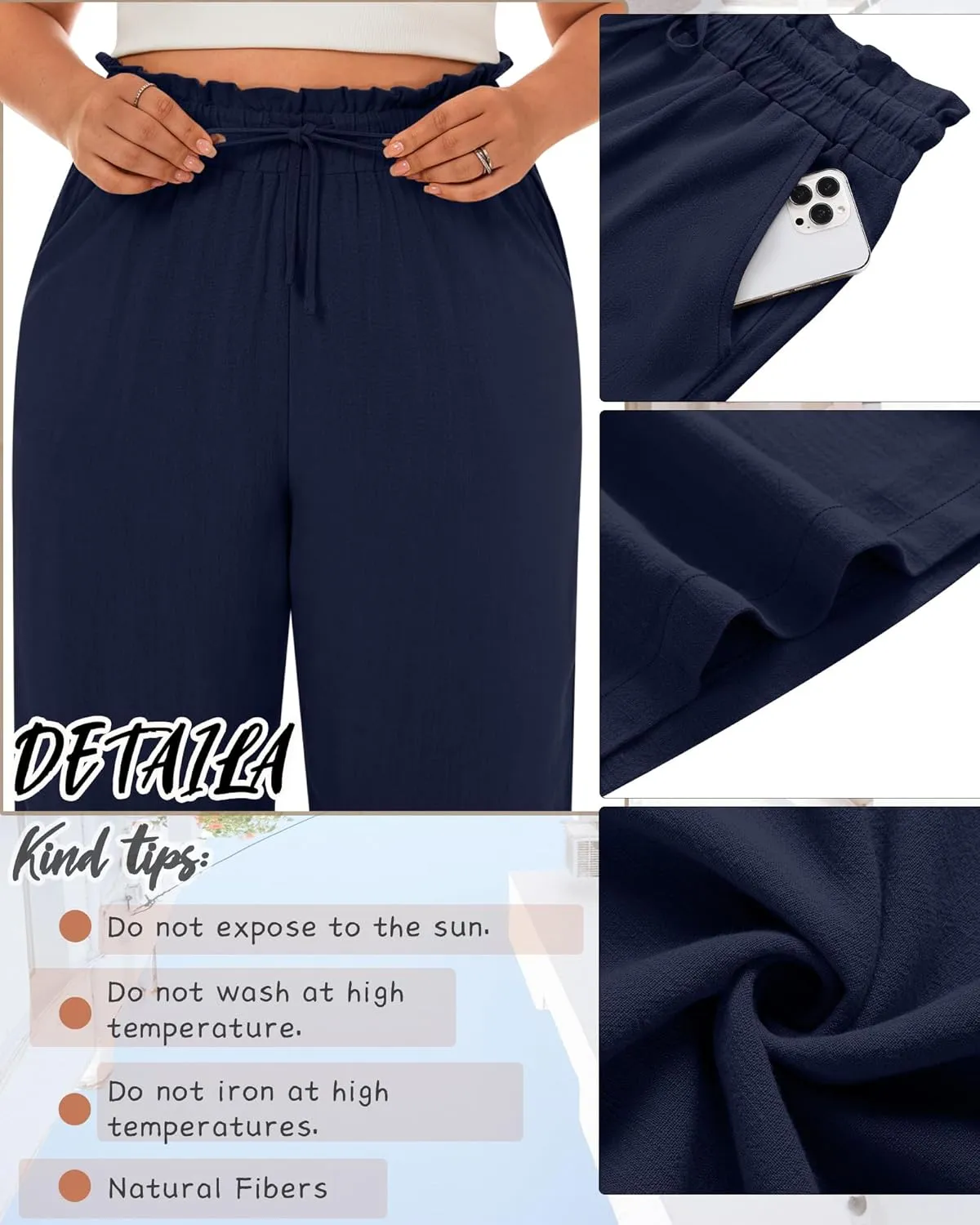 Neer Women's Plus Size Linen Pants High Waist Wide Leg Casual Drawstring Loose Straight Palazzo Pants with Pockets