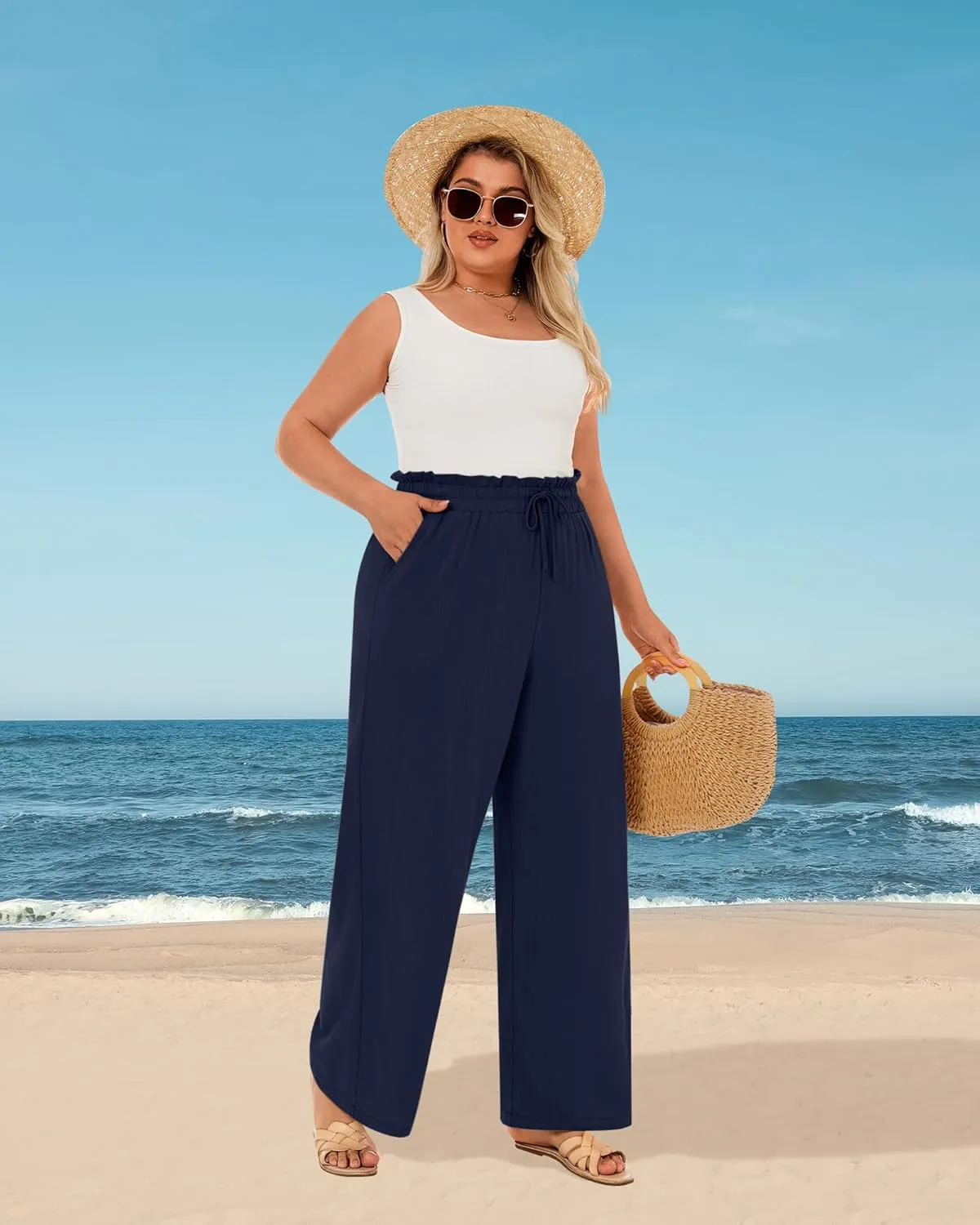 Neer Women's Plus Size Linen Pants High Waist Wide Leg Casual Drawstring Loose Straight Palazzo Pants with Pockets