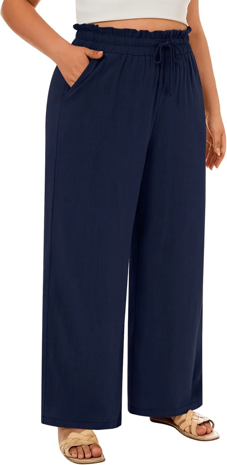 Neer Women's Plus Size Linen Pants High Waist Wide Leg Casual Drawstring Loose Straight Palazzo Pants with Pockets