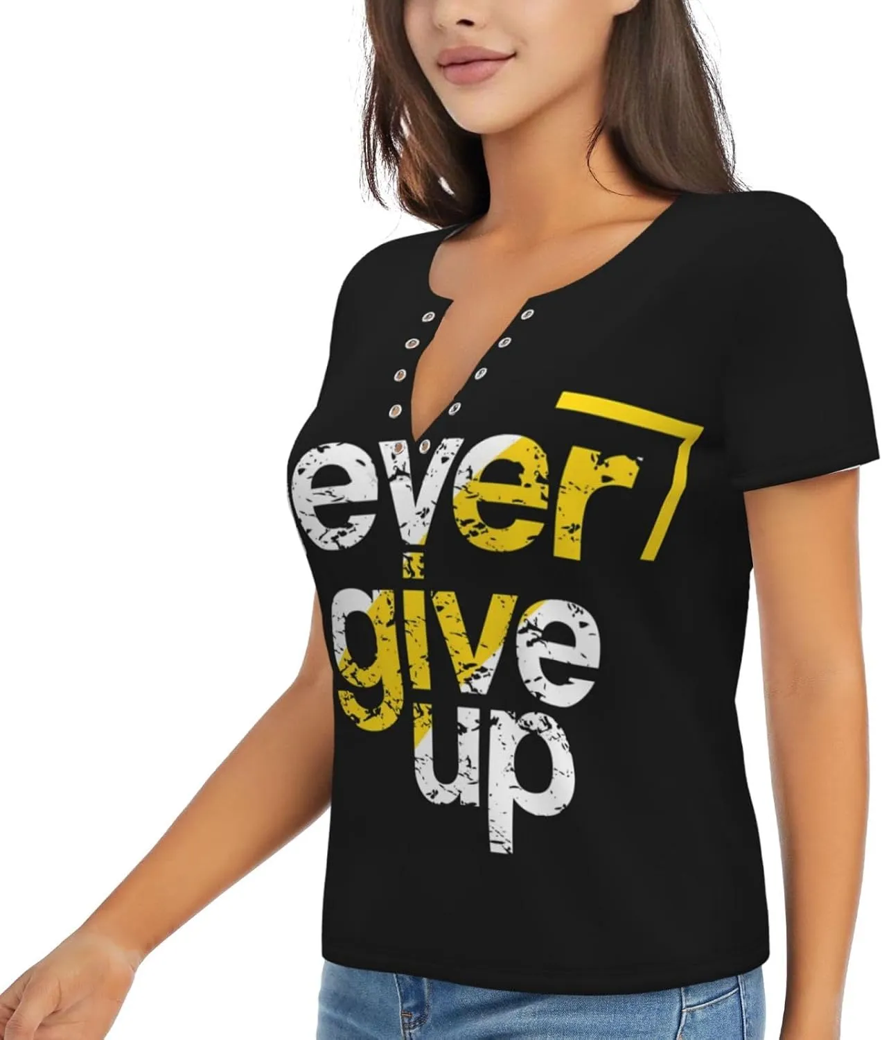 Never Give Up Womens Deep v Neck T-Shirts Short Sleeve Shirts Casual Tee Tops Slim Fit T-Shirt
