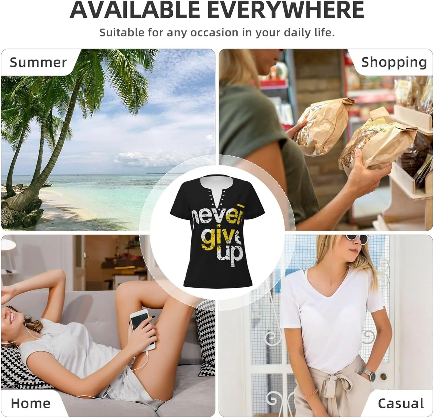 Never Give Up Womens Deep v Neck T-Shirts Short Sleeve Shirts Casual Tee Tops Slim Fit T-Shirt