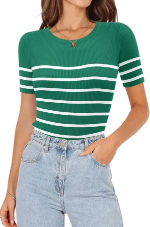 ONLYSHE Womens Short Sleeve T Shirts Summer Crewneck Tops Ribbed Knit Slim Fit Shirt Casual Basic Tees Tops