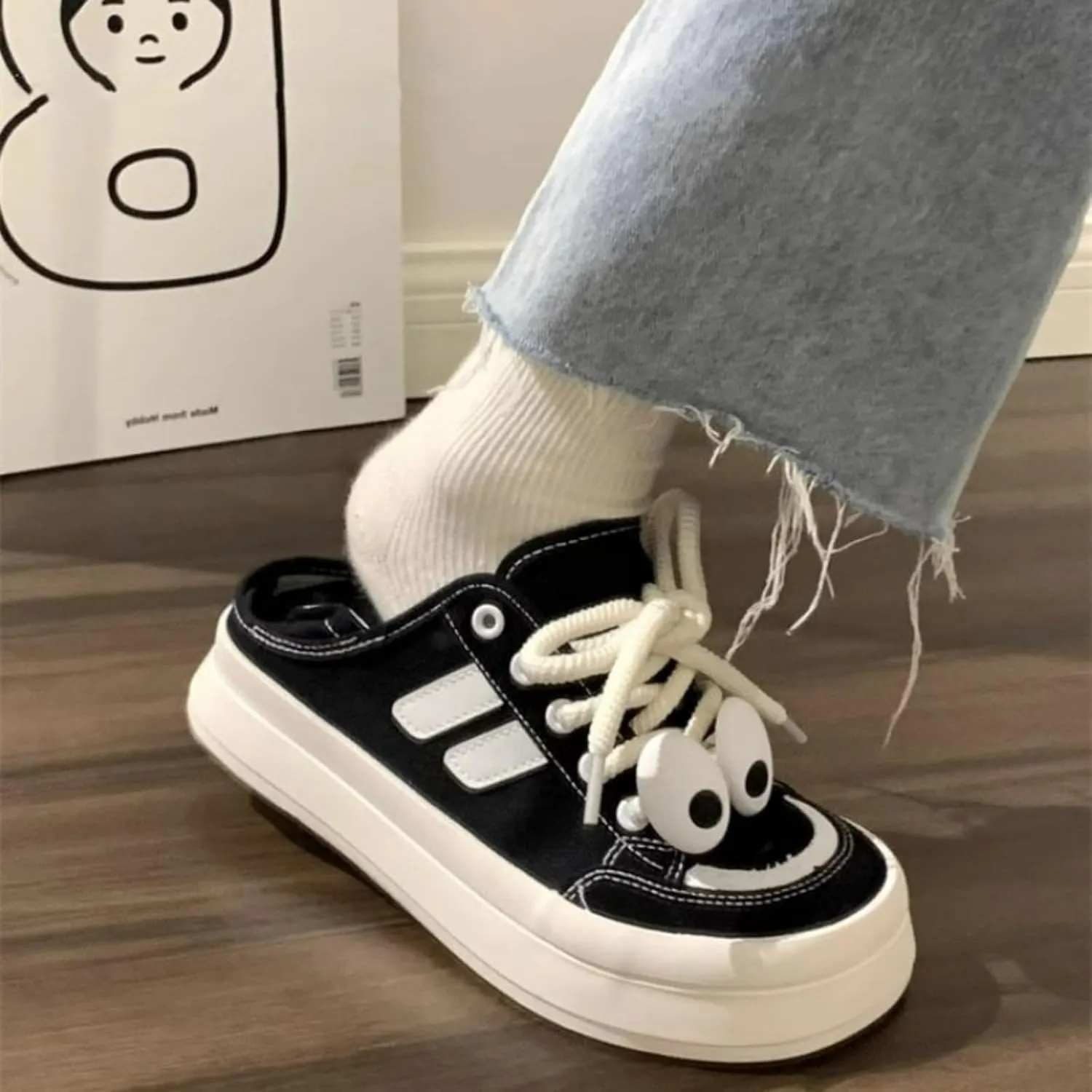 Open-Back Canvas Slip-ons Walking Cute Sneakers for Women Lace-Up Thick Sole Height Increase Walking Cute Shoes