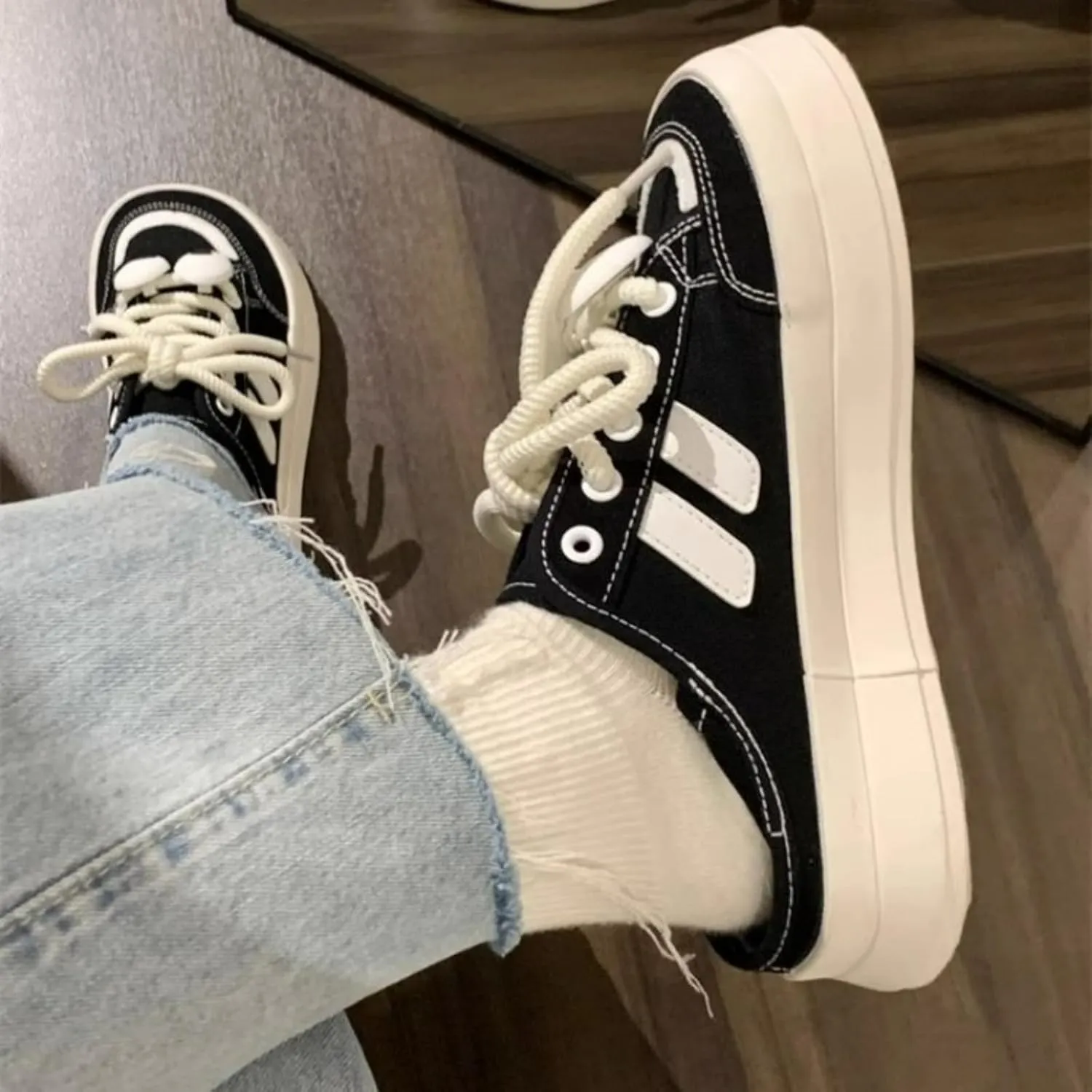 Open-Back Canvas Slip-ons Walking Cute Sneakers for Women Lace-Up Thick Sole Height Increase Walking Cute Shoes