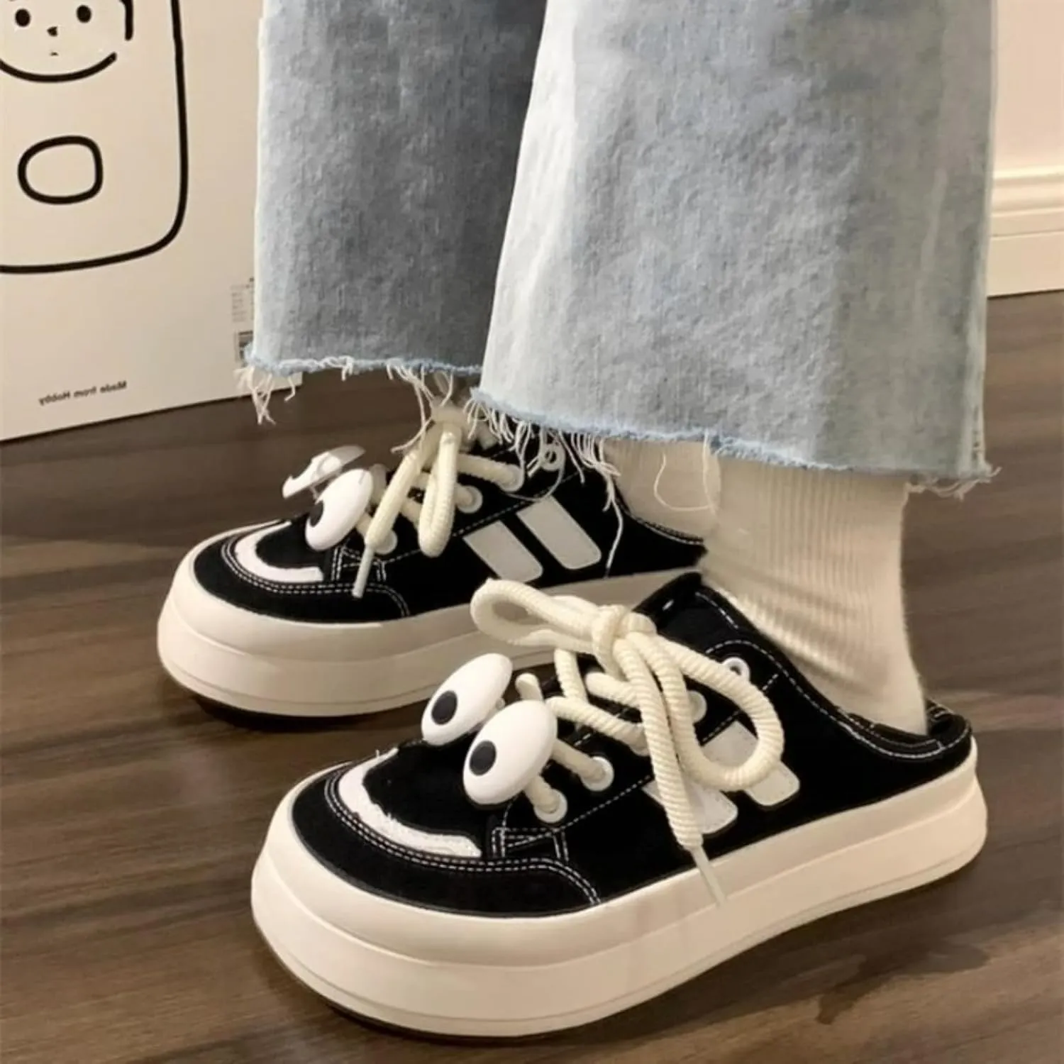 Open-Back Canvas Slip-ons Walking Cute Sneakers for Women Lace-Up Thick Sole Height Increase Walking Cute Shoes