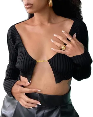 Open Front Knitted Cropped Cardigan for Women Sexy Lace Up Long Sleeve Crop Sweaters Chain Ribbed Shirts Tops
