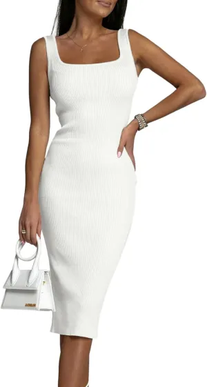 OPOIPIN Women's Square Neck Ribbed Knit Sleeveless Fitted Tank Bodycon Party Midi Dress
