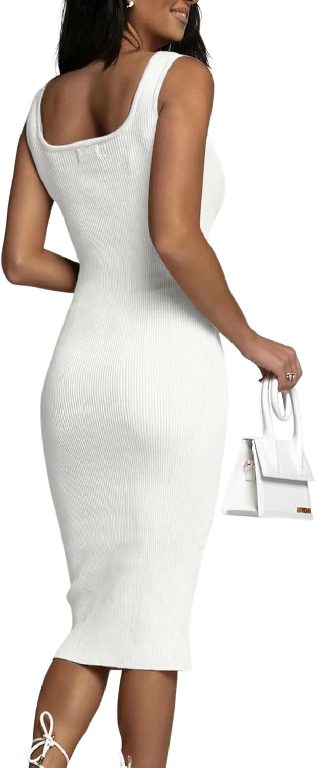 OPOIPIN Women's Square Neck Ribbed Knit Sleeveless Fitted Tank Bodycon Party Midi Dress