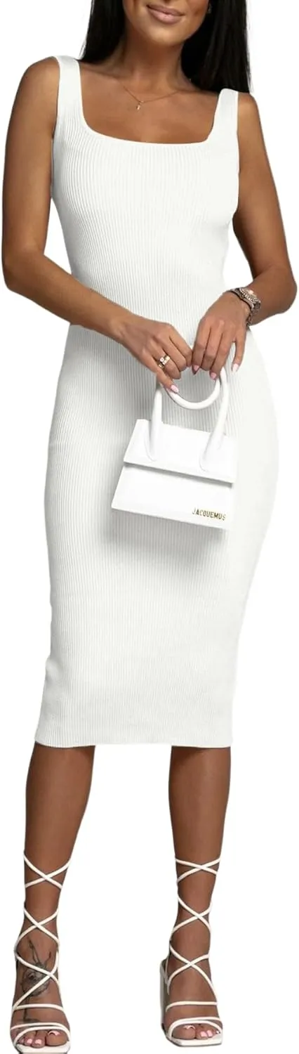 OPOIPIN Women's Square Neck Ribbed Knit Sleeveless Fitted Tank Bodycon Party Midi Dress