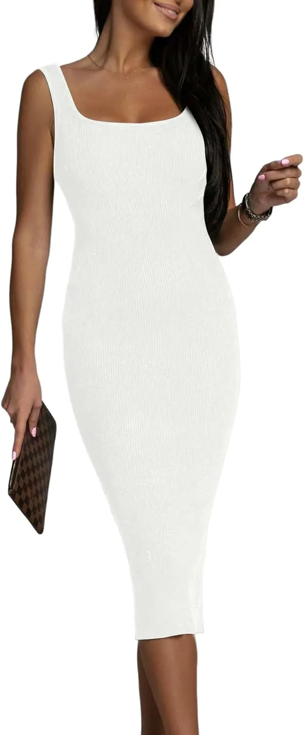 OPOIPIN Women's Square Neck Ribbed Knit Sleeveless Fitted Tank Bodycon Party Midi Dress