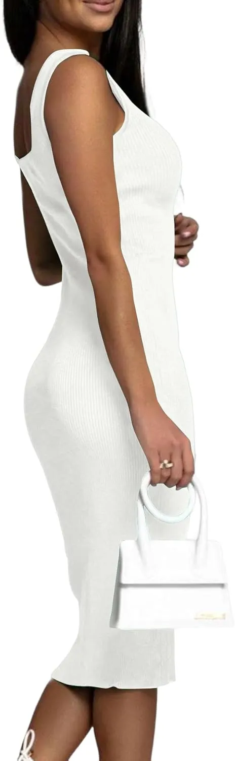 OPOIPIN Women's Square Neck Ribbed Knit Sleeveless Fitted Tank Bodycon Party Midi Dress