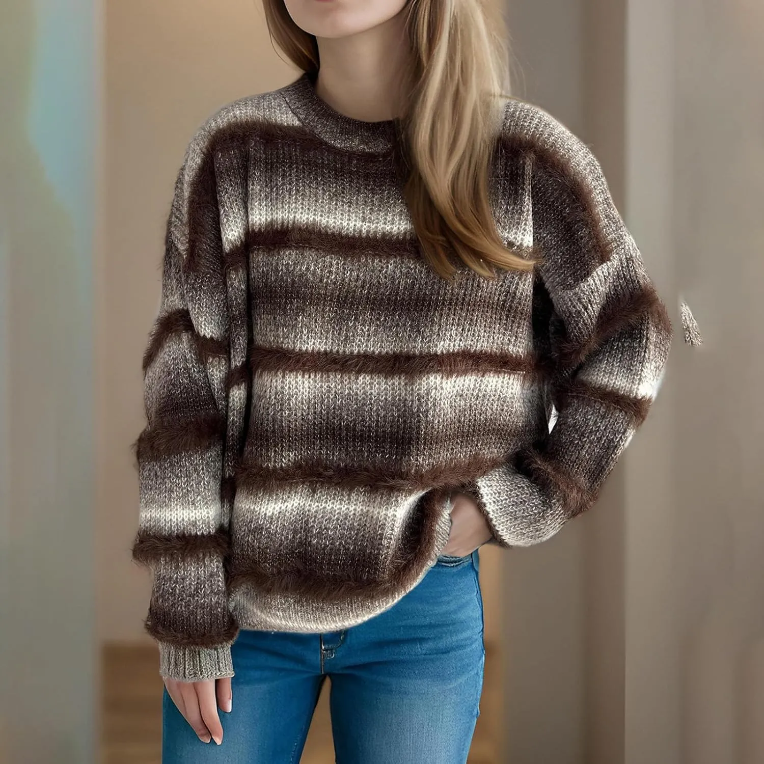 Oversized Color Block Sweaters for Women Dressy Casual Long Sleeve Crewneck Knitted Sweater Tops Fuzzy Pullovers