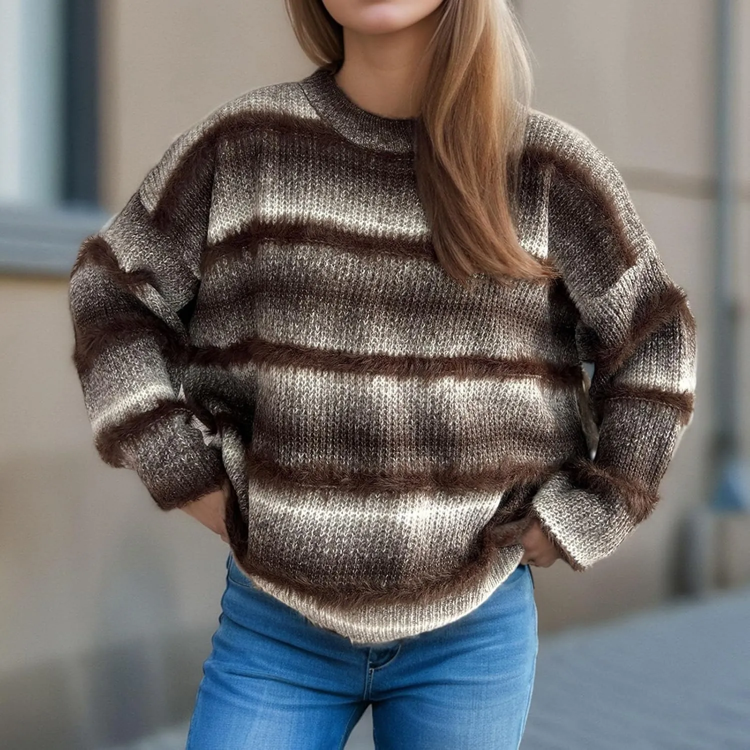 Oversized Color Block Sweaters for Women Dressy Casual Long Sleeve Crewneck Knitted Sweater Tops Fuzzy Pullovers