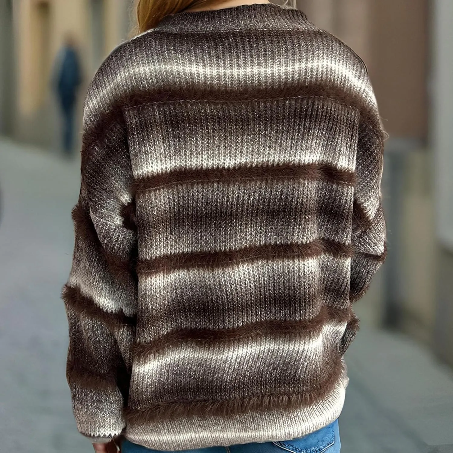 Oversized Color Block Sweaters for Women Dressy Casual Long Sleeve Crewneck Knitted Sweater Tops Fuzzy Pullovers