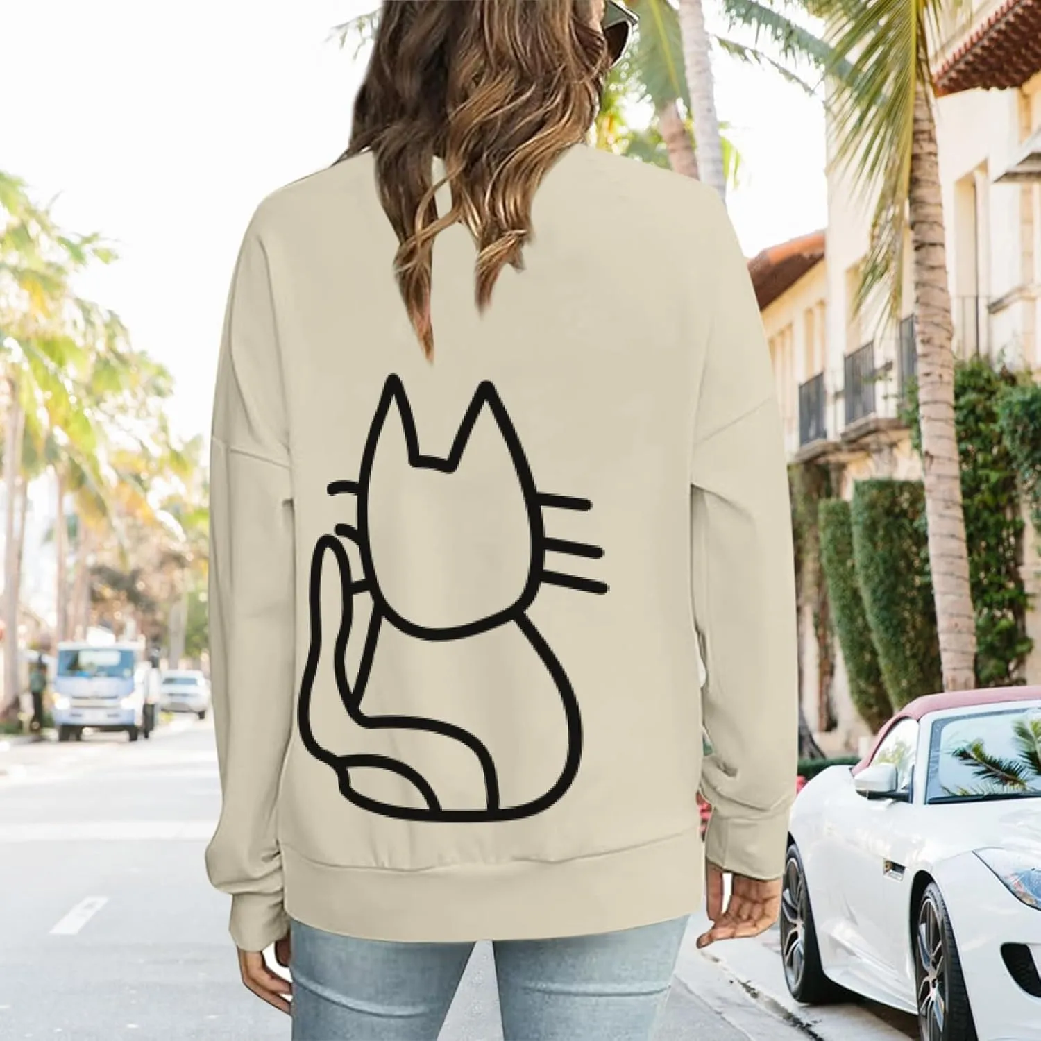 Oversized Sweatshirt for Women Cat Graphic Cute Sweatshirts Crewneck Casual Long Sleeve Shirts Pullover Top Tshirt