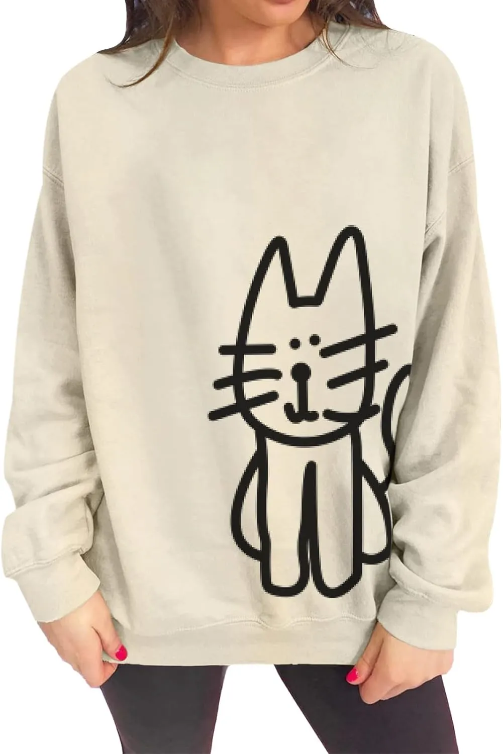 Oversized Sweatshirt for Women Cat Graphic Cute Sweatshirts Crewneck Casual Long Sleeve Shirts Pullover Top Tshirt
