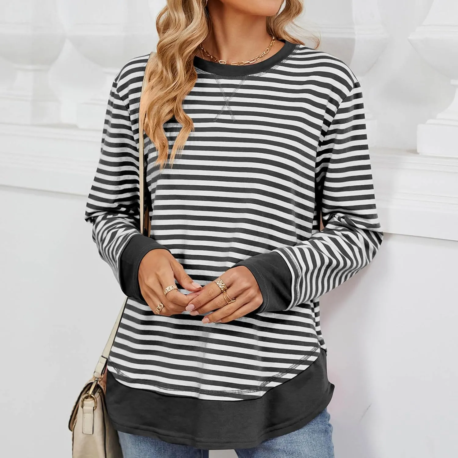 Oversized Sweatshirt For Women Striped Color Block Pullover Long Sleeve Crew Neck Blouses Tops Teen Girls Y2K Clothes
