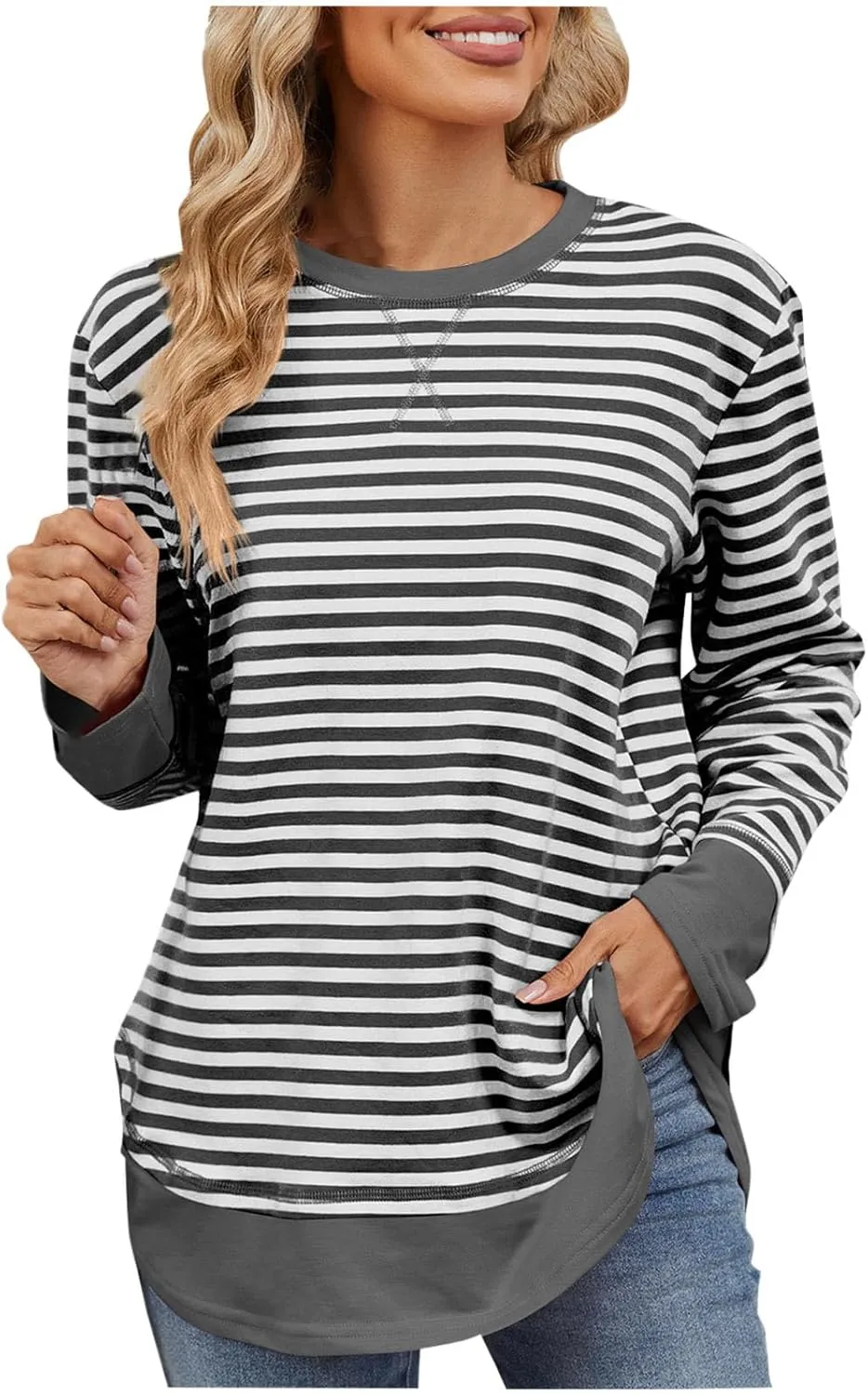 Oversized Sweatshirt For Women Striped Color Block Pullover Long Sleeve Crew Neck Blouses Tops Teen Girls Y2K Clothes