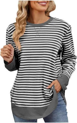 Oversized Sweatshirt For Women Striped Color Block Pullover Long Sleeve Crew Neck Blouses Tops Teen Girls Y2K Clothes