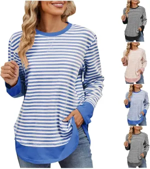 Oversized Sweatshirt For Women Striped Color Block Pullover Long Sleeve Crew Neck Blouses Tops Teen Girls Y2K Clothes