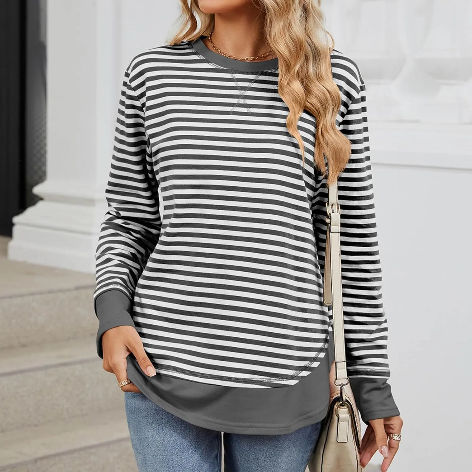 Oversized Sweatshirt For Women Striped Color Block Pullover Long Sleeve Crew Neck Blouses Tops Teen Girls Y2K Clothes