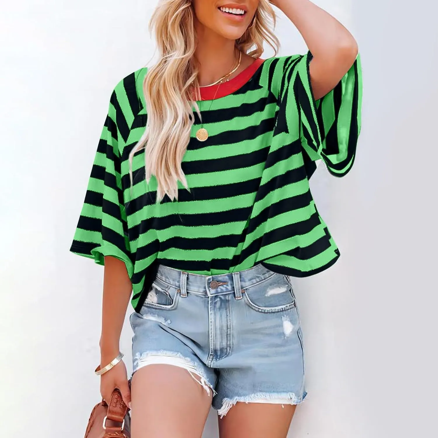 Oversized Tshirts for Women Striped Crew Neck Elbow Sleeve Tops Summer Color Block Half Sleeve Casual Blouses