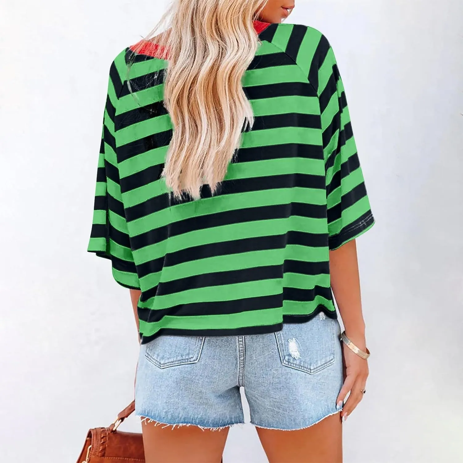 Oversized Tshirts for Women Striped Crew Neck Elbow Sleeve Tops Summer Color Block Half Sleeve Casual Blouses