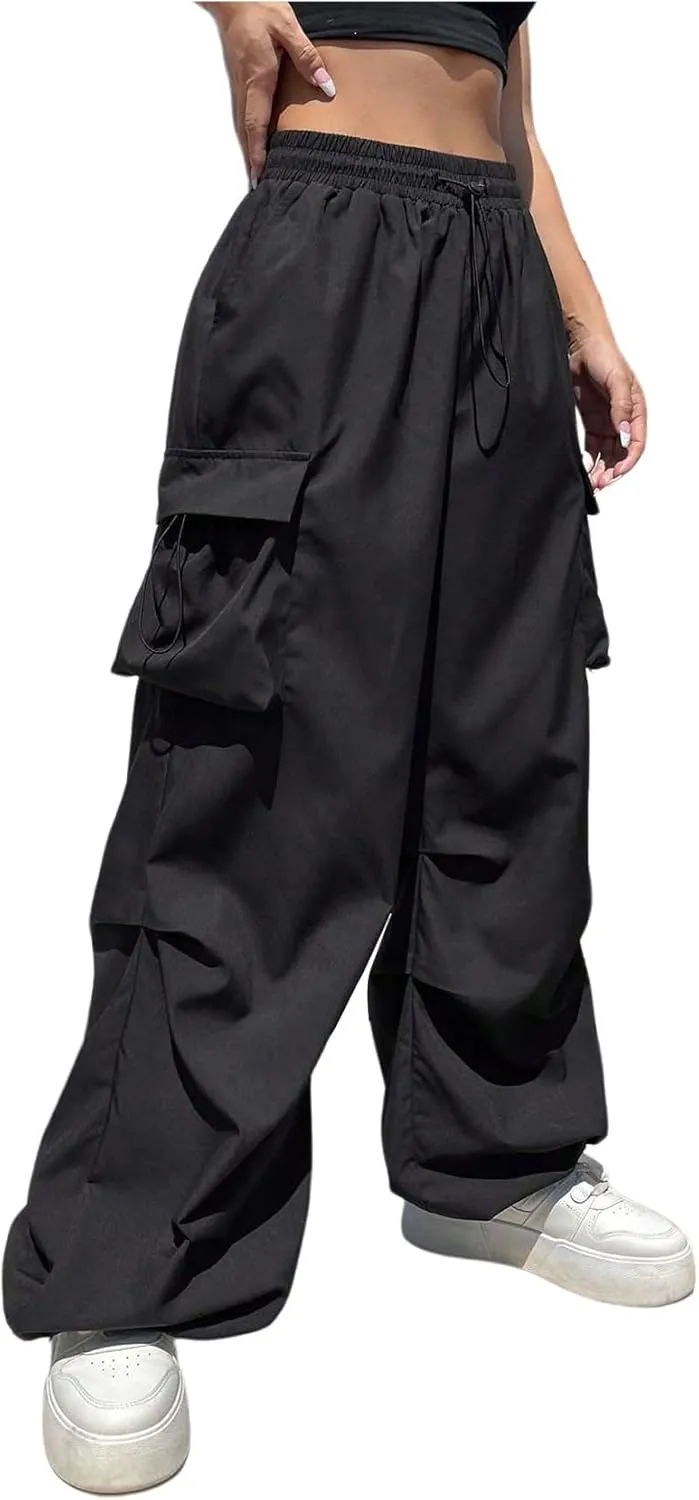 OYOANGLE Women's Drawstring Waist Parachute Pants Ruched Straight Leg Baggy Cargo Trousers