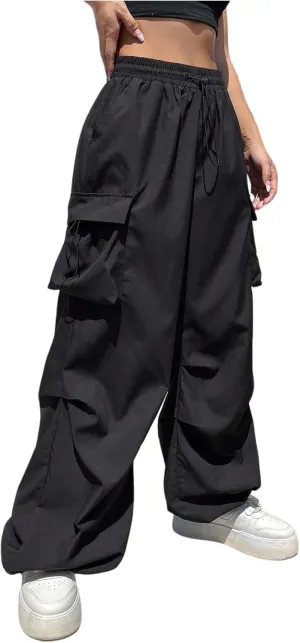 OYOANGLE Women's Drawstring Waist Parachute Pants Ruched Straight Leg Baggy Cargo Trousers