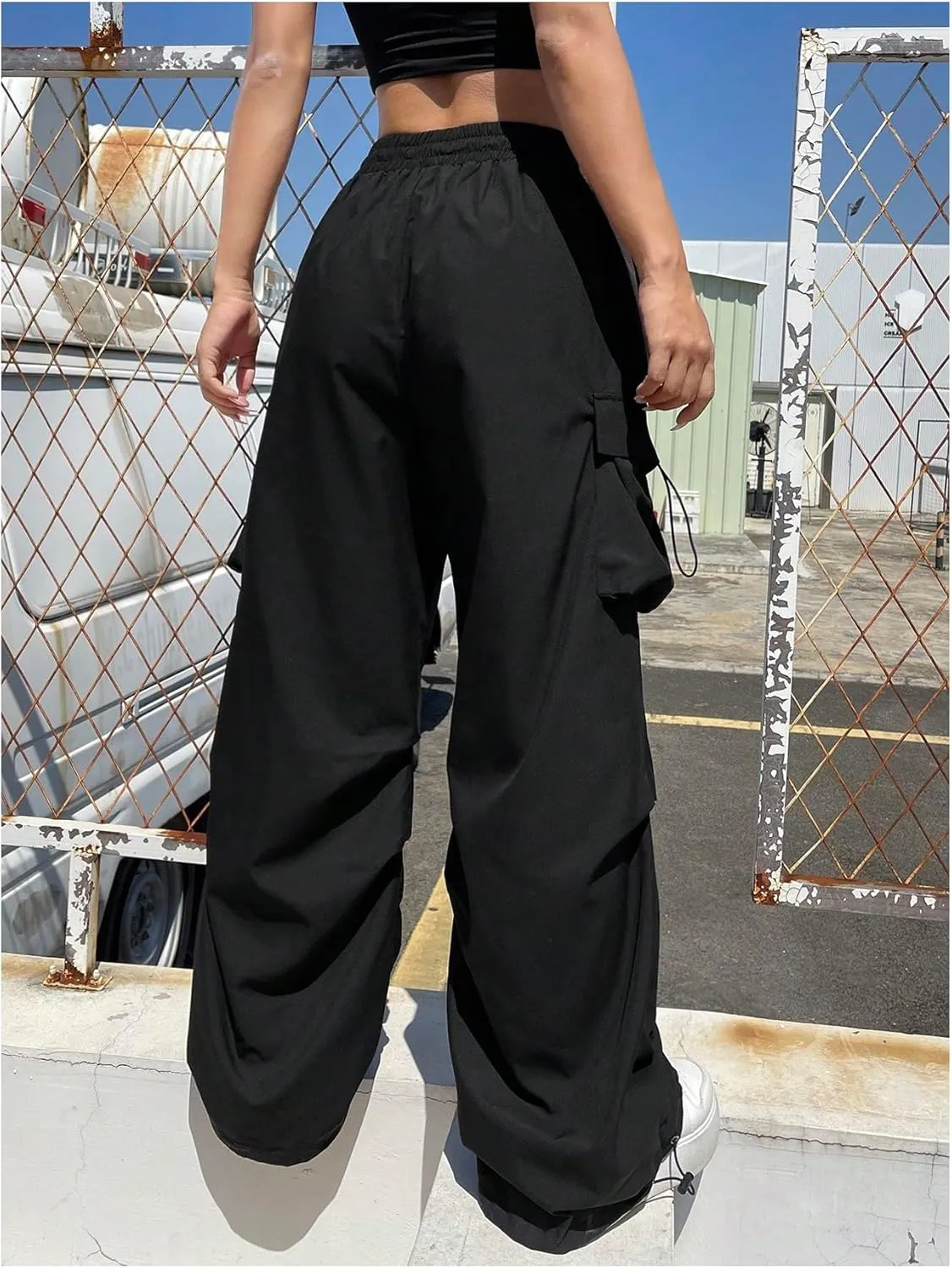 OYOANGLE Women's Drawstring Waist Parachute Pants Ruched Straight Leg Baggy Cargo Trousers