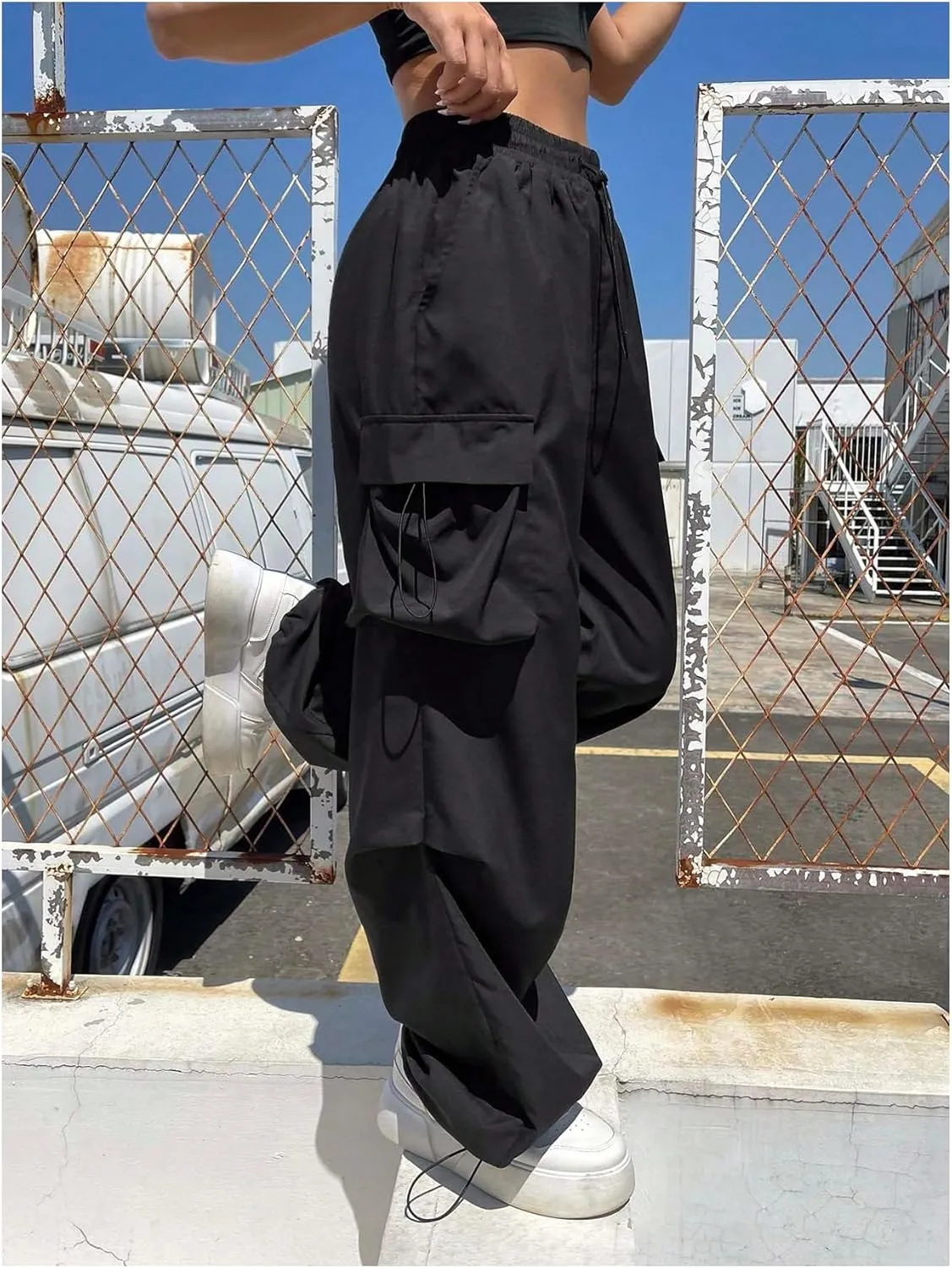 OYOANGLE Women's Drawstring Waist Parachute Pants Ruched Straight Leg Baggy Cargo Trousers