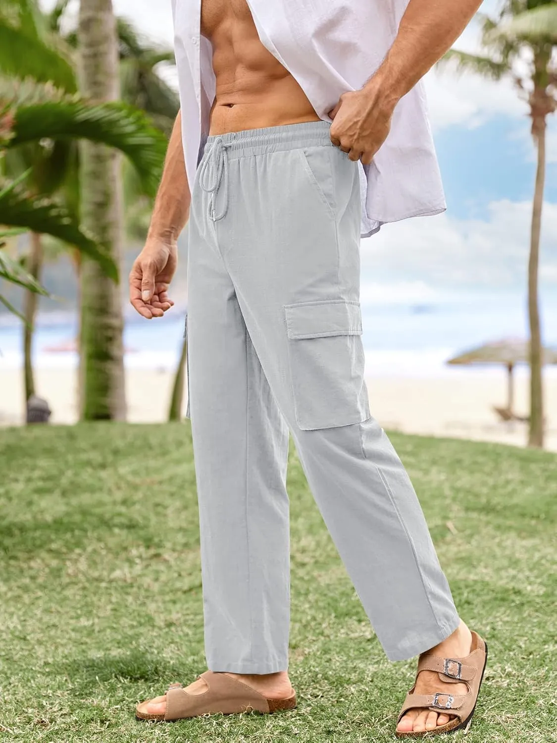 PASLTER Mens Linen Cargo Pants Lightweight Elastic Waist Drawstring Casual Loose Summer Beach Yoga Pants with Pockets