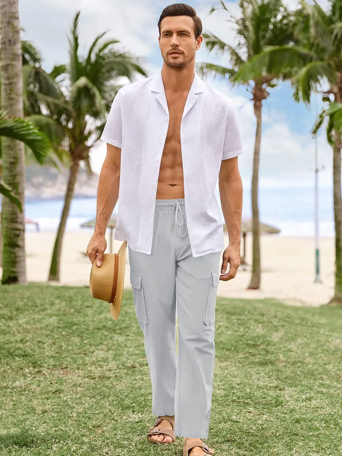 PASLTER Mens Linen Cargo Pants Lightweight Elastic Waist Drawstring Casual Loose Summer Beach Yoga Pants with Pockets