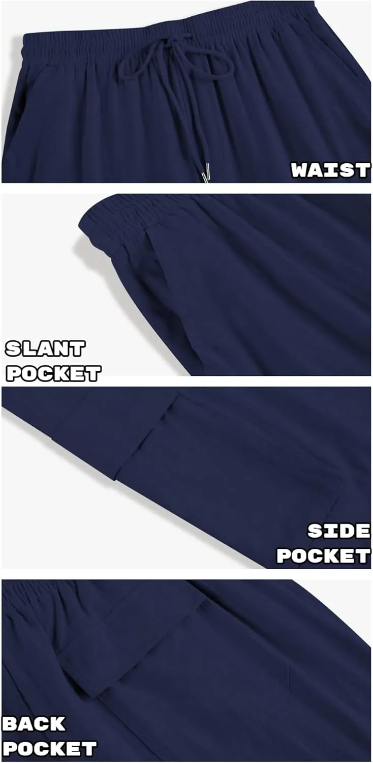 PASLTER Mens Linen Cargo Pants Lightweight Elastic Waist Drawstring Casual Loose Summer Beach Yoga Pants with Pockets