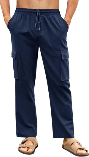PASLTER Mens Linen Cargo Pants Lightweight Elastic Waist Drawstring Casual Loose Summer Beach Yoga Pants with Pockets