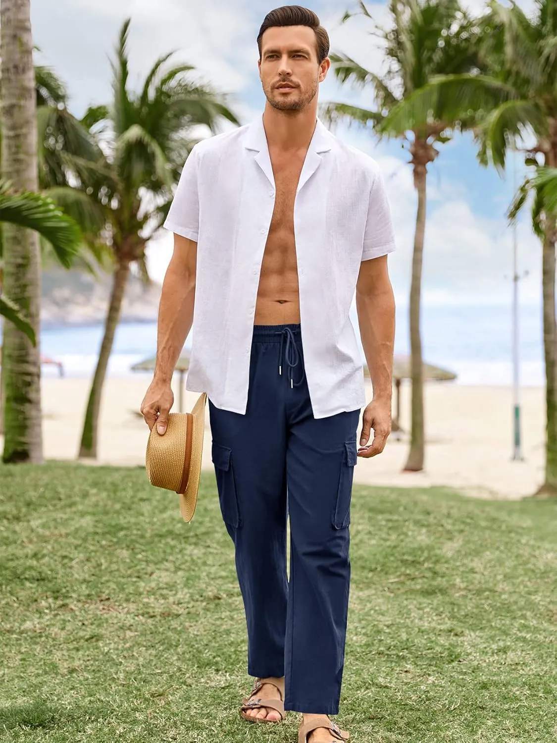 PASLTER Mens Linen Cargo Pants Lightweight Elastic Waist Drawstring Casual Loose Summer Beach Yoga Pants with Pockets