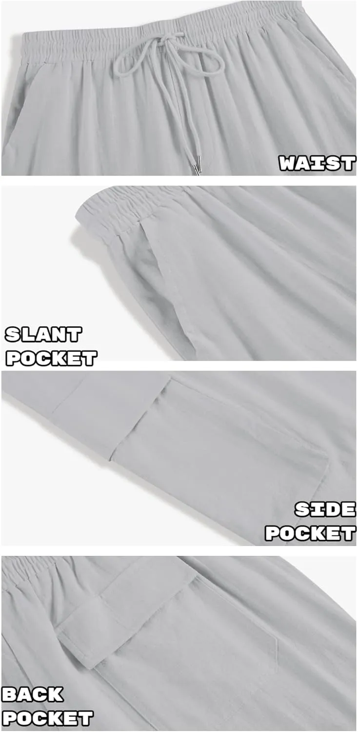 PASLTER Mens Linen Cargo Pants Lightweight Elastic Waist Drawstring Casual Loose Summer Beach Yoga Pants with Pockets