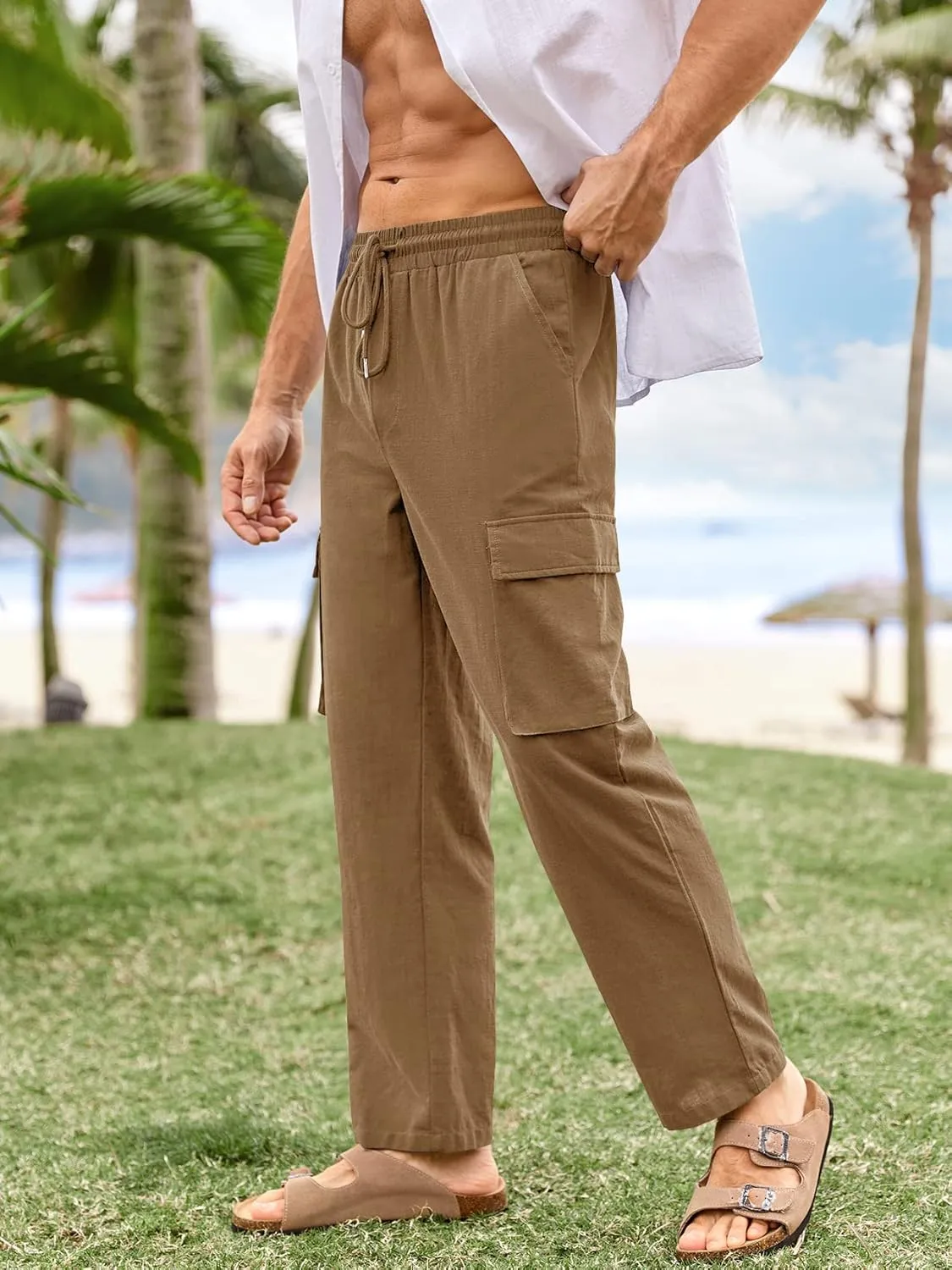 PASLTER Mens Linen Cargo Pants Lightweight Elastic Waist Drawstring Casual Loose Summer Beach Yoga Pants with Pockets