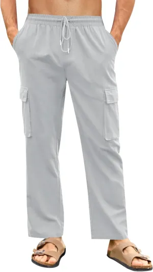 PASLTER Mens Linen Cargo Pants Lightweight Elastic Waist Drawstring Casual Loose Summer Beach Yoga Pants with Pockets