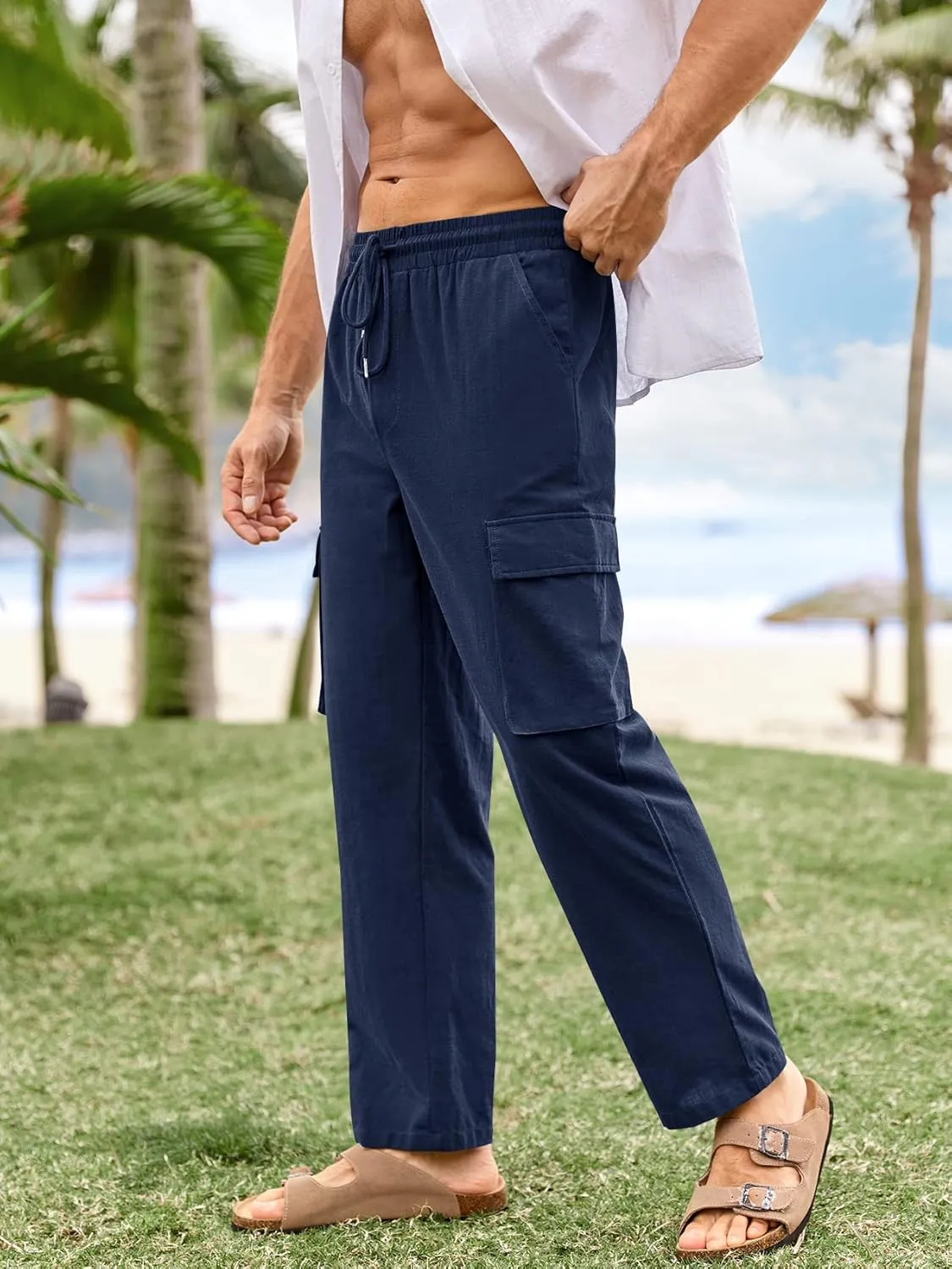PASLTER Mens Linen Cargo Pants Lightweight Elastic Waist Drawstring Casual Loose Summer Beach Yoga Pants with Pockets