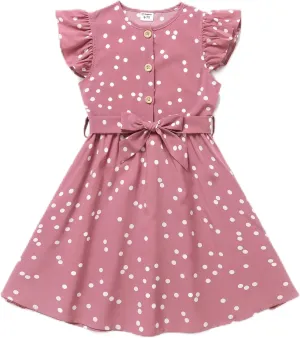 PATPAT Dress for Girls Button Down Floral Print Bowknot Ruffle Short Sleeve Casual Swing Dresses