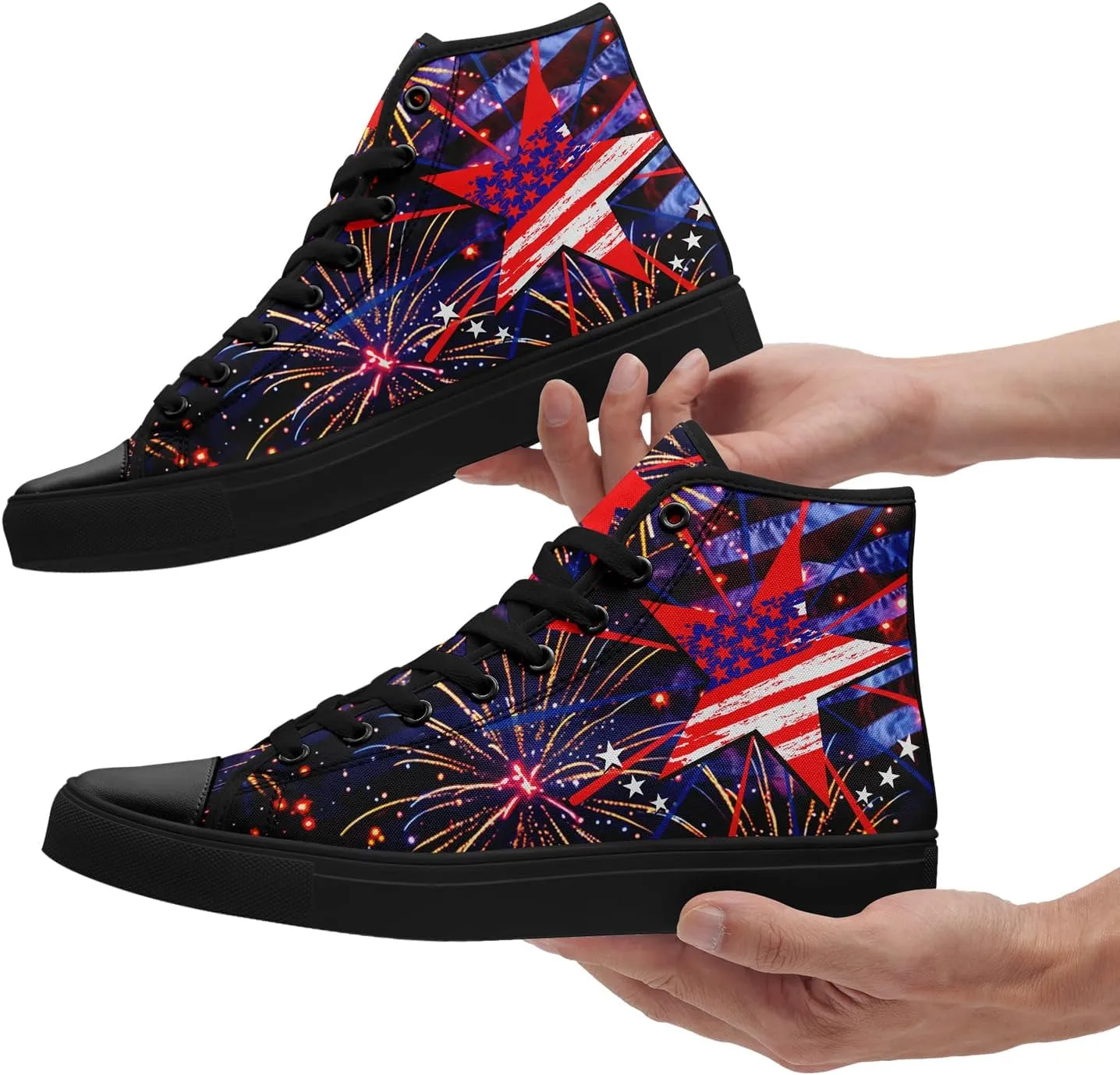 Patriotic Womens Mens Canvas Sneakers American Flag Stars High Top Fashion Tennis Shoes Lace Up Casual Walking Shoes