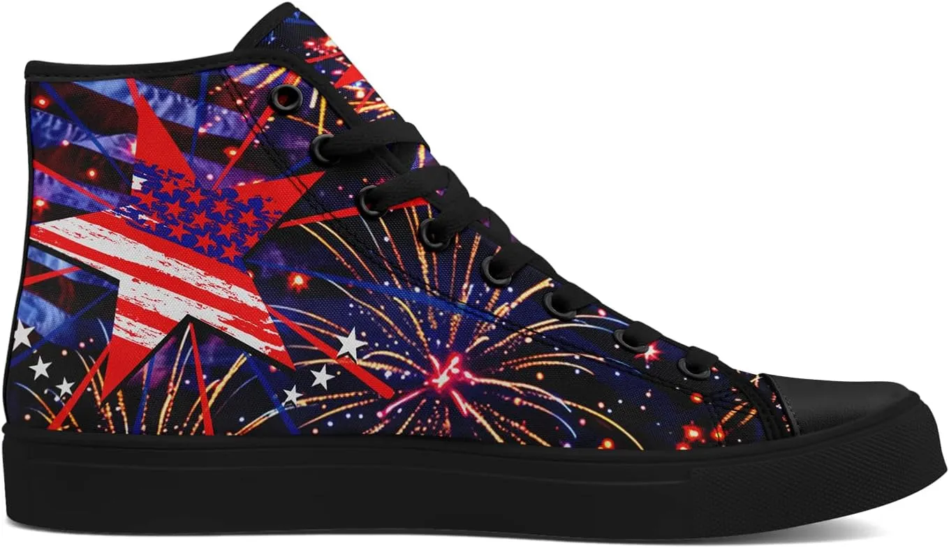 Patriotic Womens Mens Canvas Sneakers American Flag Stars High Top Fashion Tennis Shoes Lace Up Casual Walking Shoes