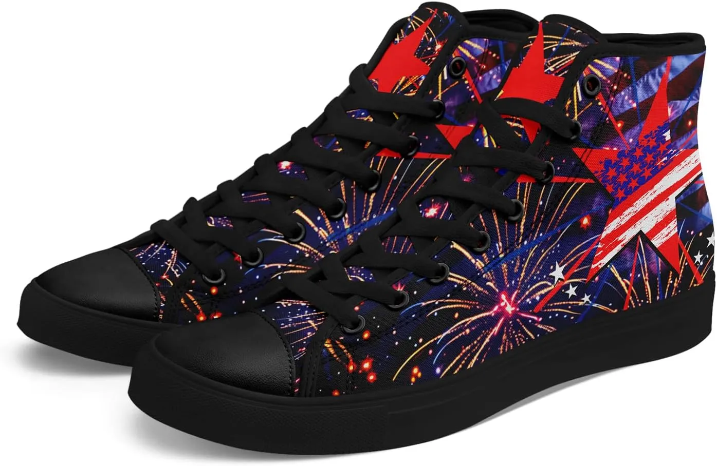 Patriotic Womens Mens Canvas Sneakers American Flag Stars High Top Fashion Tennis Shoes Lace Up Casual Walking Shoes