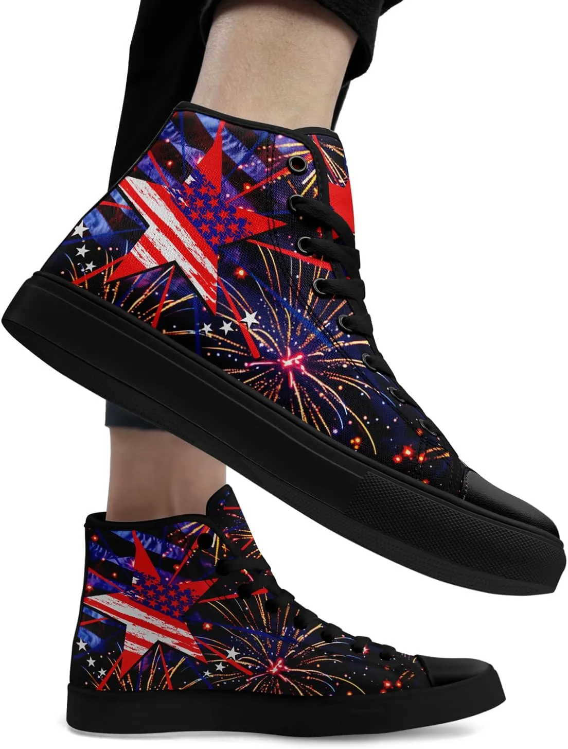 Patriotic Womens Mens Canvas Sneakers American Flag Stars High Top Fashion Tennis Shoes Lace Up Casual Walking Shoes