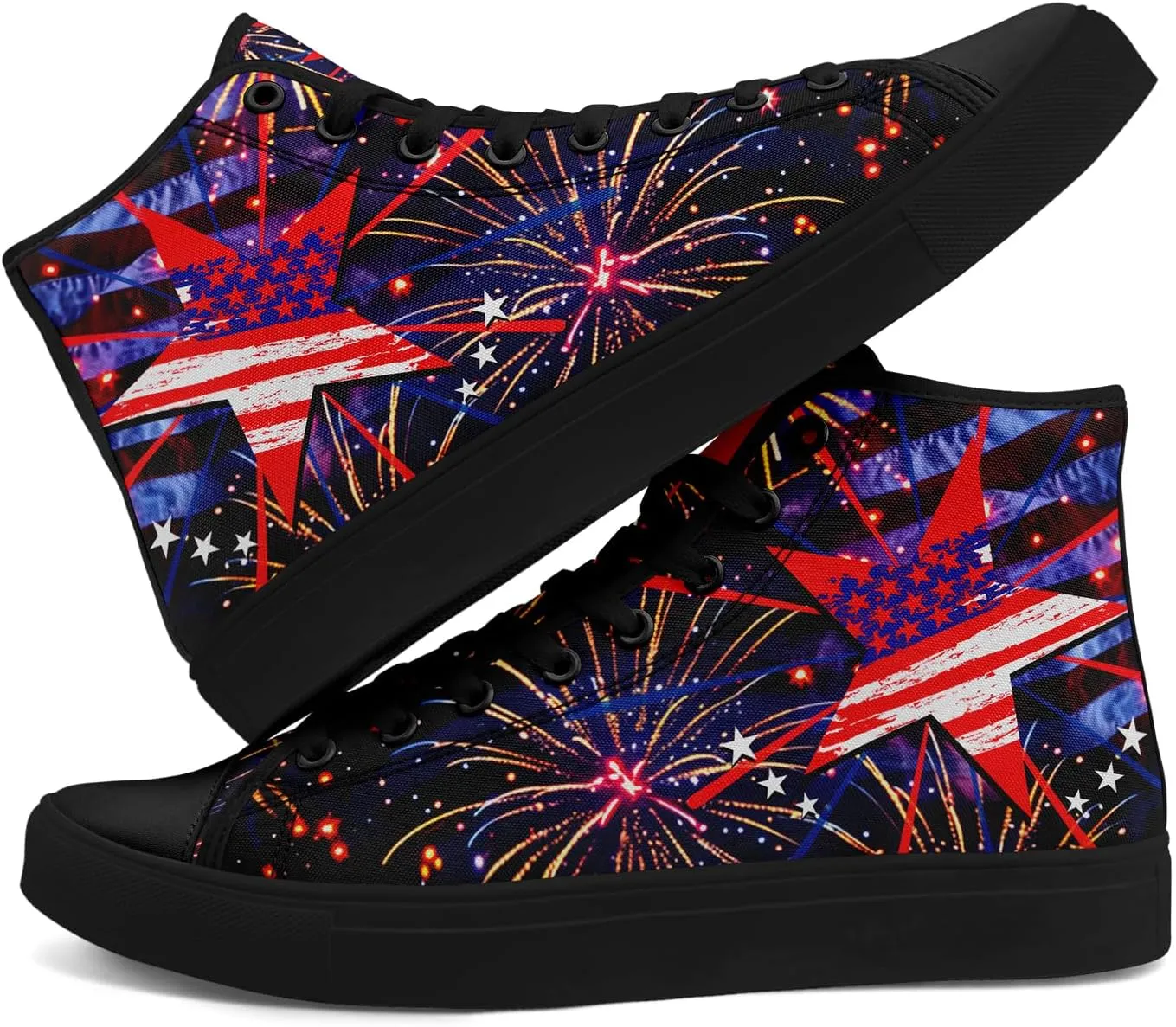 Patriotic Womens Mens Canvas Sneakers American Flag Stars High Top Fashion Tennis Shoes Lace Up Casual Walking Shoes