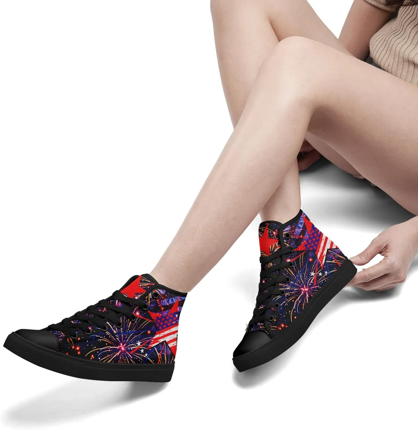 Patriotic Womens Mens Canvas Sneakers American Flag Stars High Top Fashion Tennis Shoes Lace Up Casual Walking Shoes