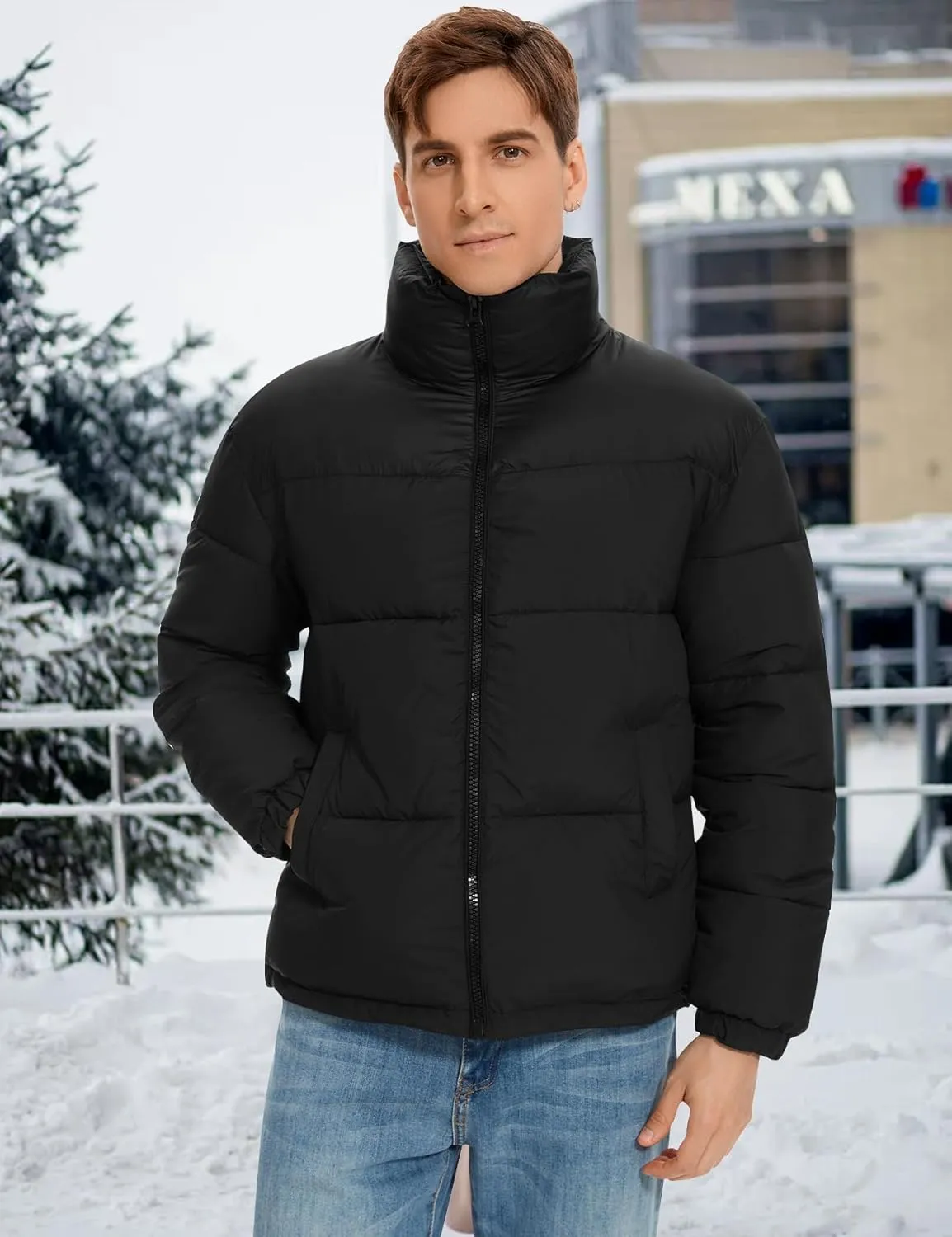 PEHMEA Men’s Puffer Jacket Stand Collar Zipper Coat with Pockets Retro Bubble Outwear for Winter