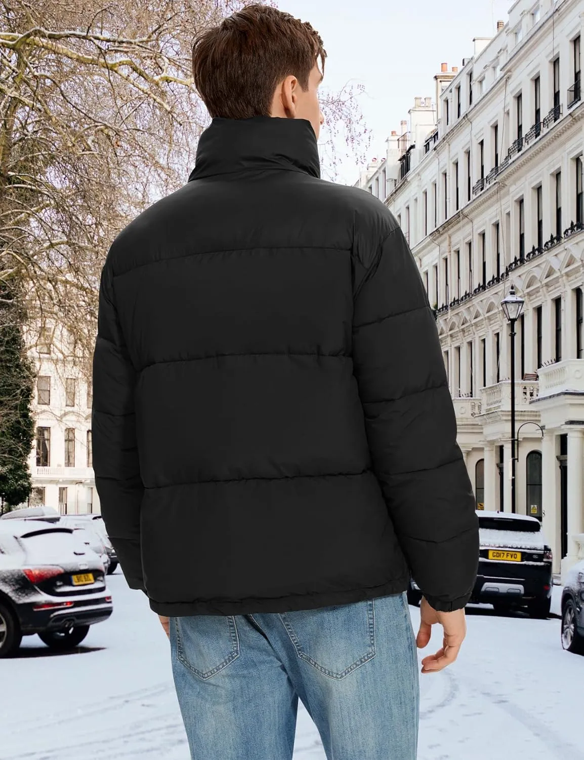 PEHMEA Men’s Puffer Jacket Stand Collar Zipper Coat with Pockets Retro Bubble Outwear for Winter
