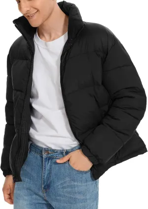 PEHMEA Men’s Puffer Jacket Stand Collar Zipper Coat with Pockets Retro Bubble Outwear for Winter